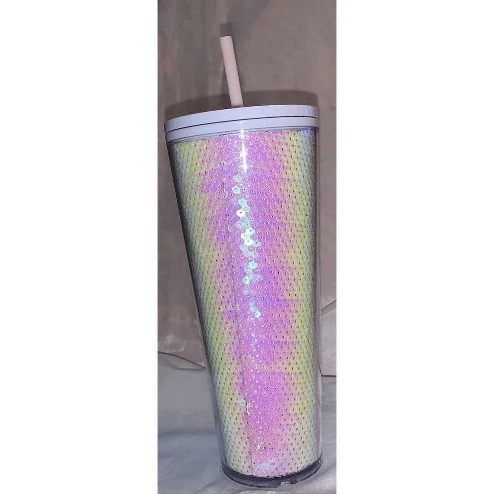 Starbucks 2020 Holiday Exclusive White Pink Sequins Shift 24 oz Cold Cup Tumbler